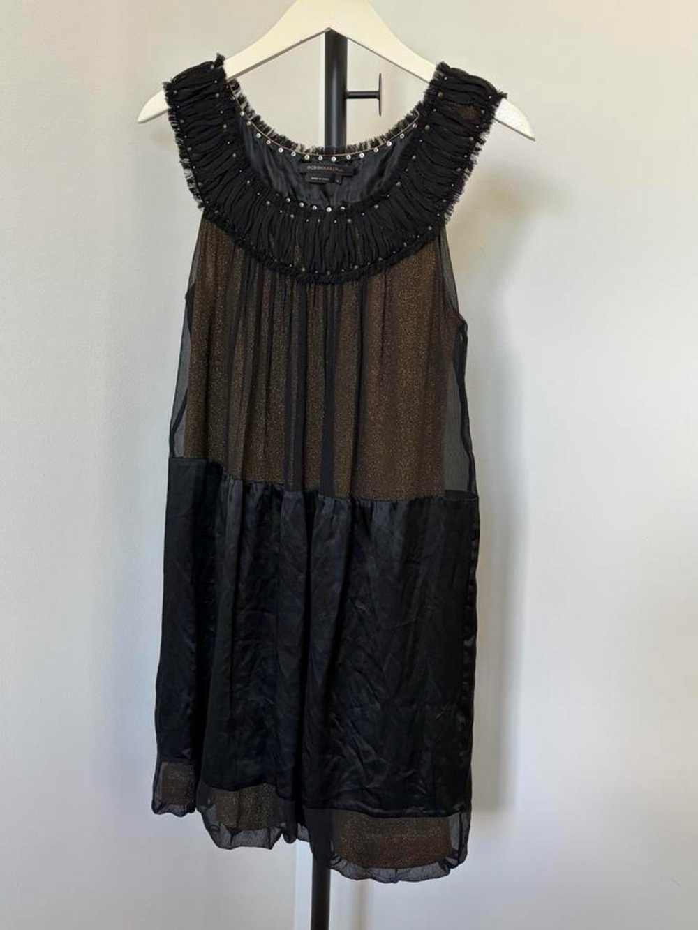 BCBGMaxAzria Black and Gold Sleeveless Silk Cocktail Dress